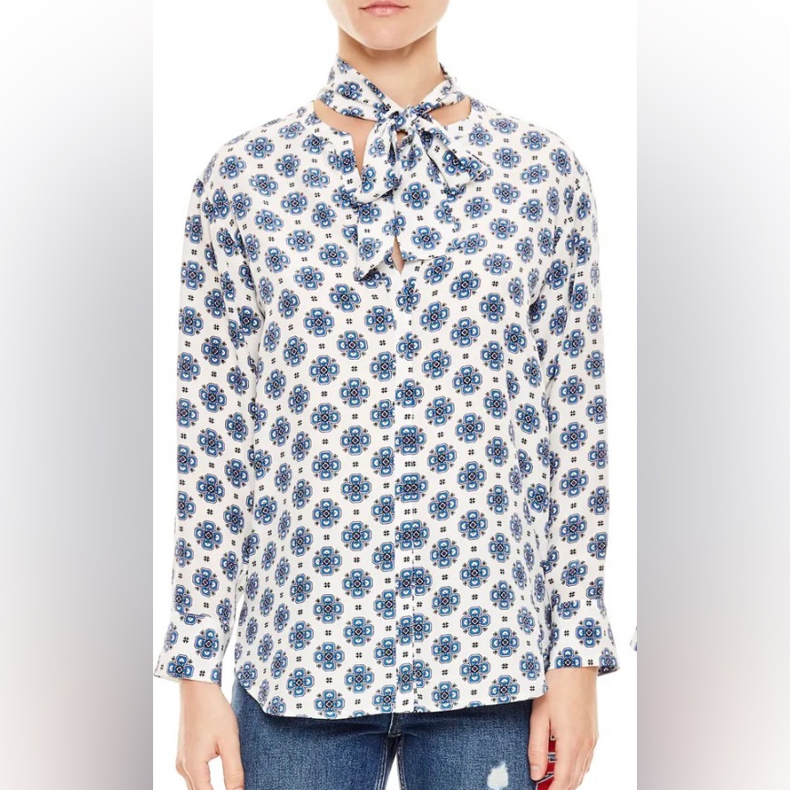 Sandro Paris Blanc Mix Pattern Stripe 100% Silk Blouse